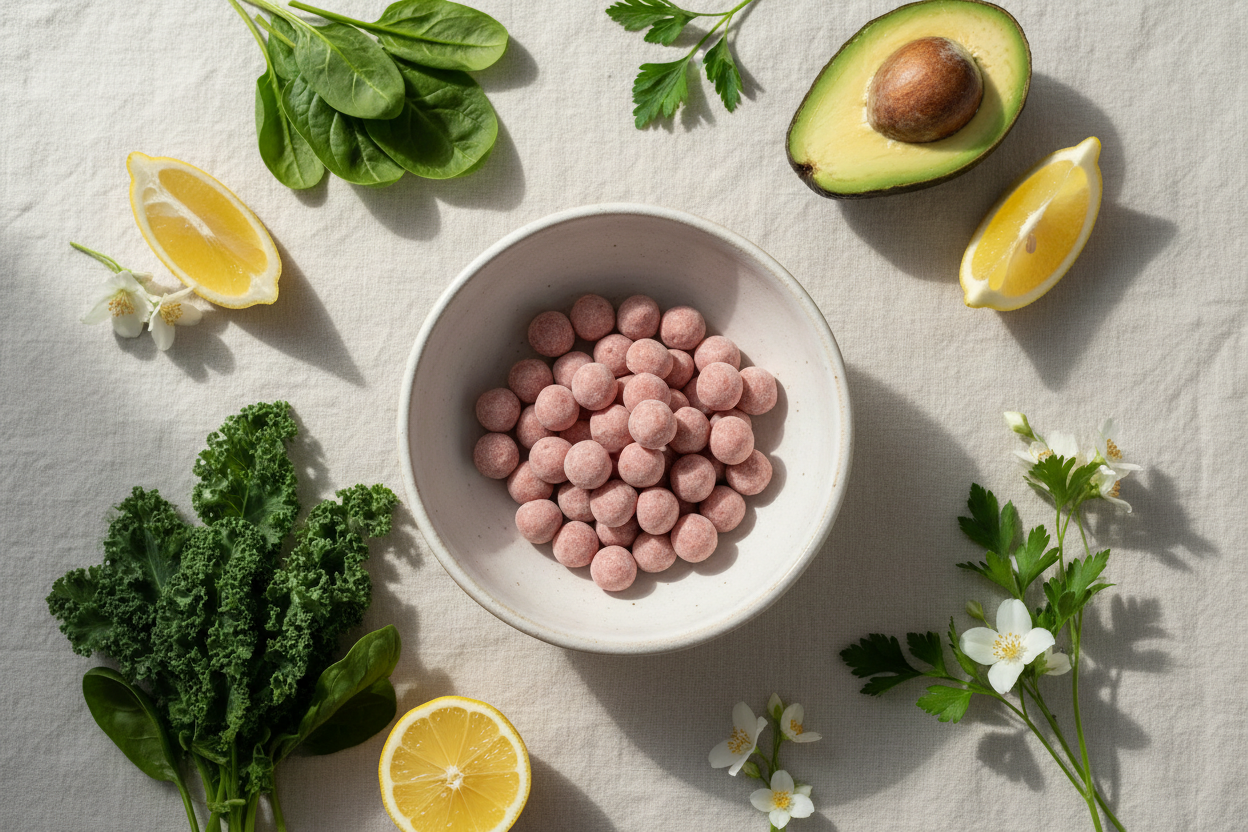 Flat lay gummies et ingrédients naturels