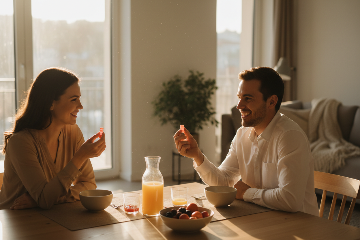 Couple prenant leurs gummies ensemble